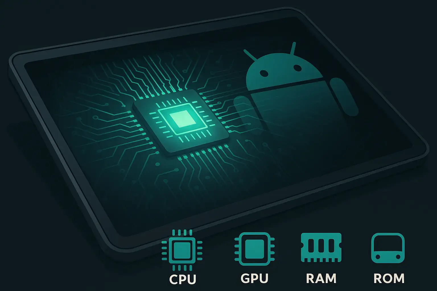 Innenleben eines Android-Touch-Displays mit leuchtender CPU-Struktur und Symbolen für CPU, GPU, RAM und ROM.